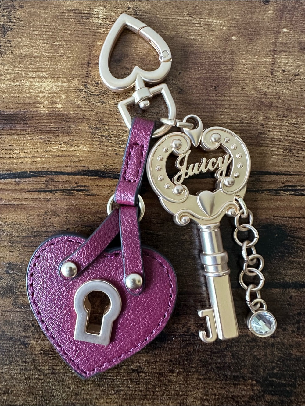 Juicy Couture Magenta Faux Leather Heart with Gold Key Bag Charm Keychain NWOT